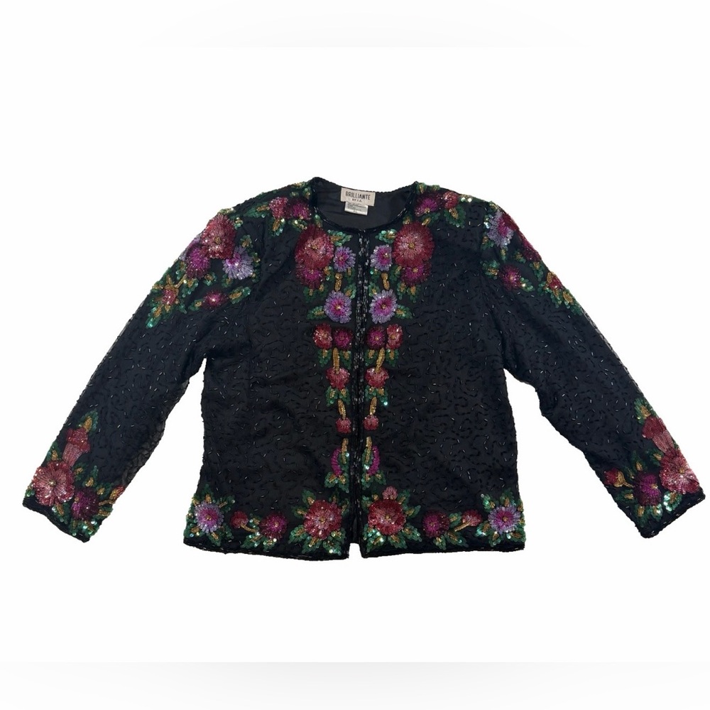 Womens Brilliante by J.A. Floral Sequin Silk Lined Formal Evening Cardigan Sz PL